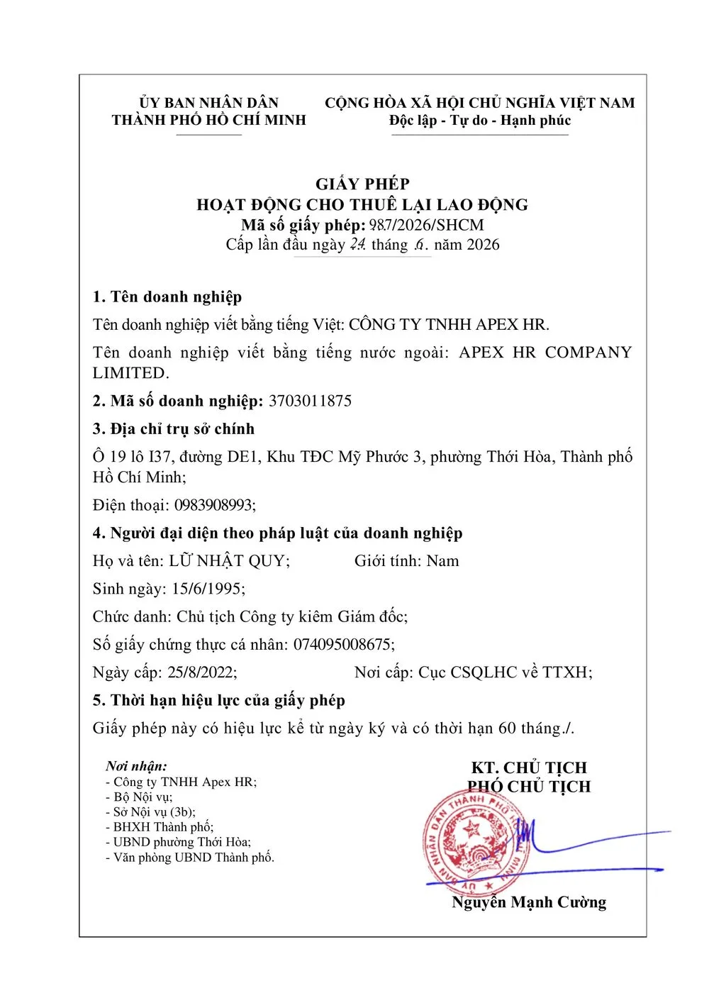 Giấy phép hoạt động cho thuê lại lao động số 987/2026/SHCM