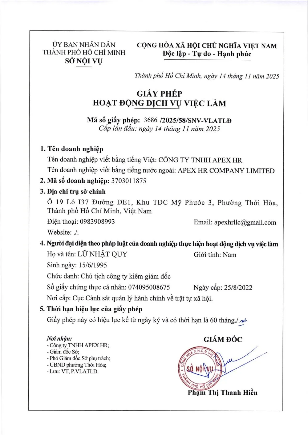 Giấy phép hoạt động dịch vụ việc làm số 3686/2025/58/SNV-VLATLD